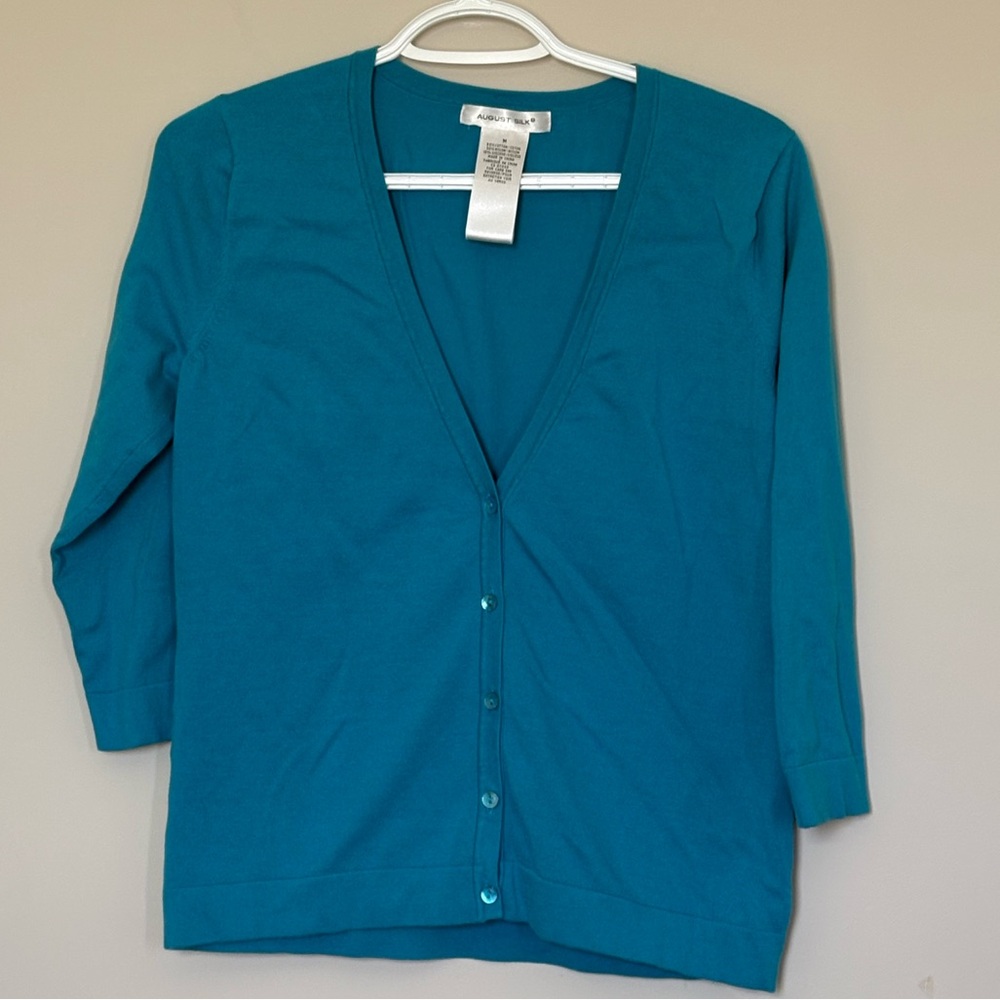 August silk turquoise cardigan. Ladies size M